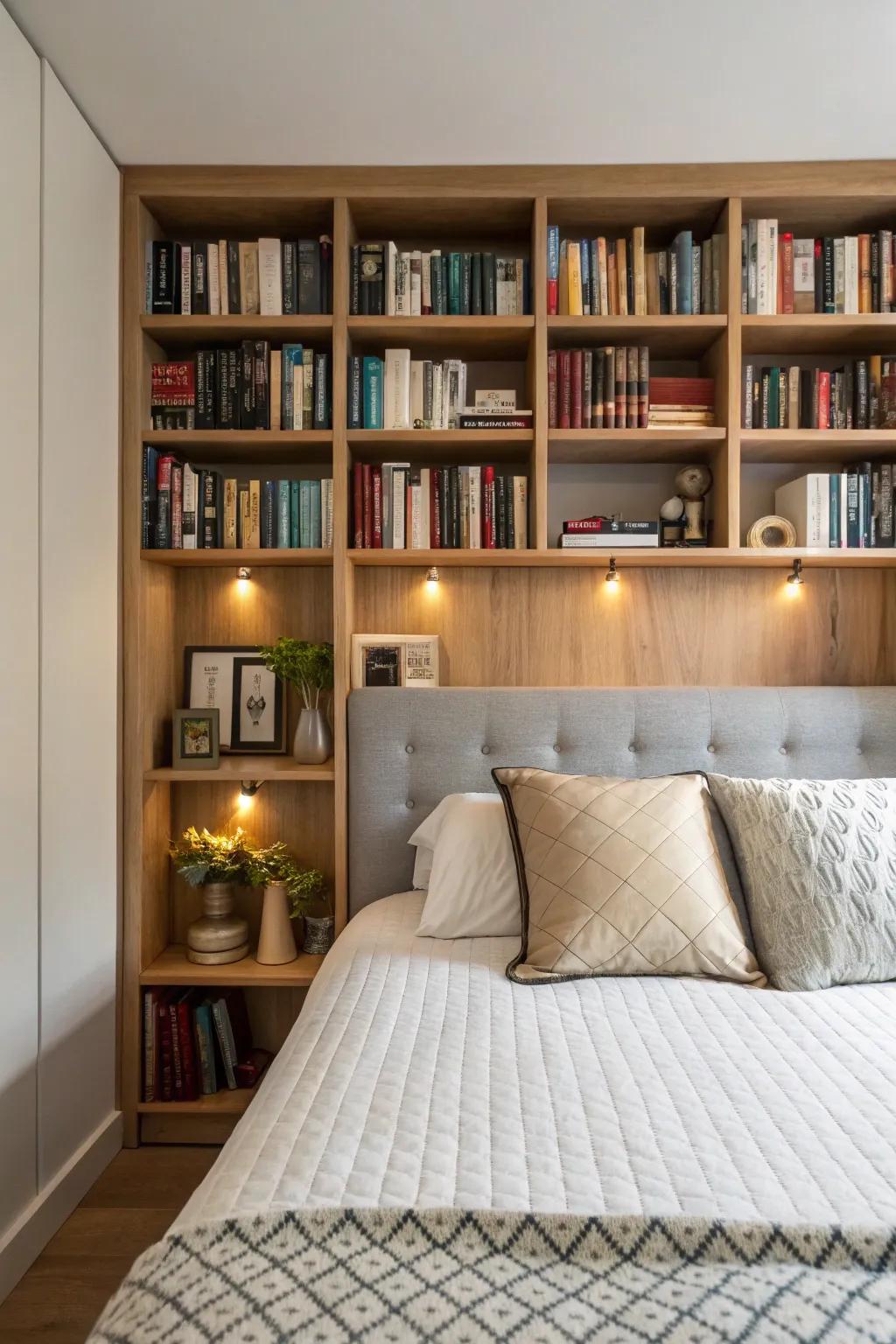 A clever headboard that doubles as a bookshelf.