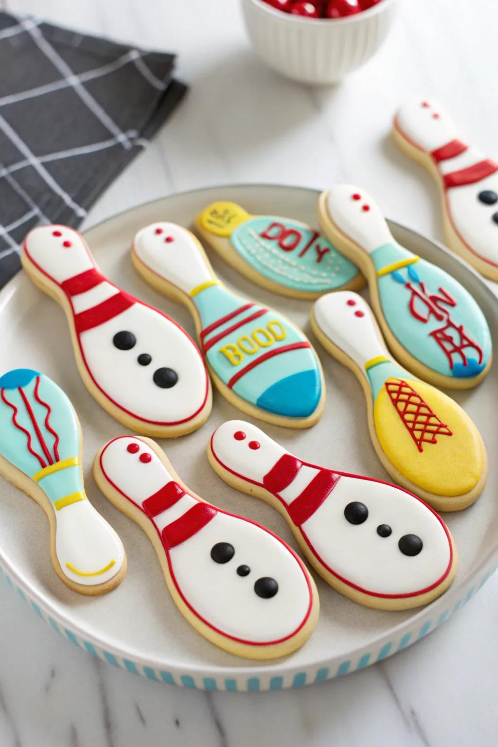 Mouthwateringly adorned edible bowling pins for a confectionery centerpiece.