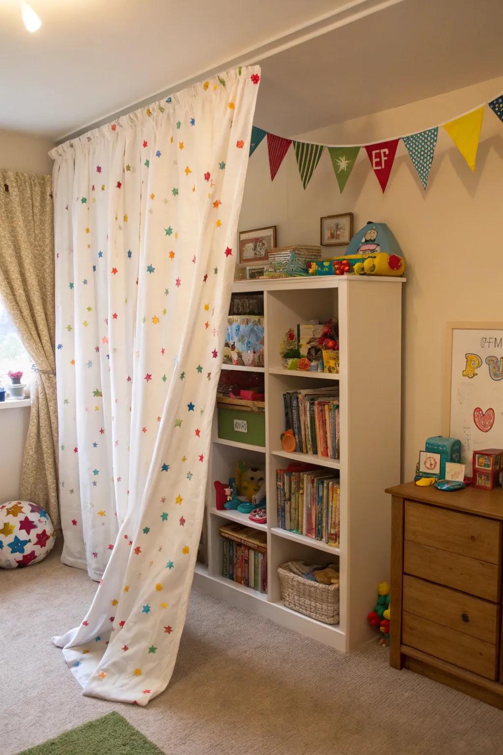 Dividing the room with window coverings or bookcases creates personal space.