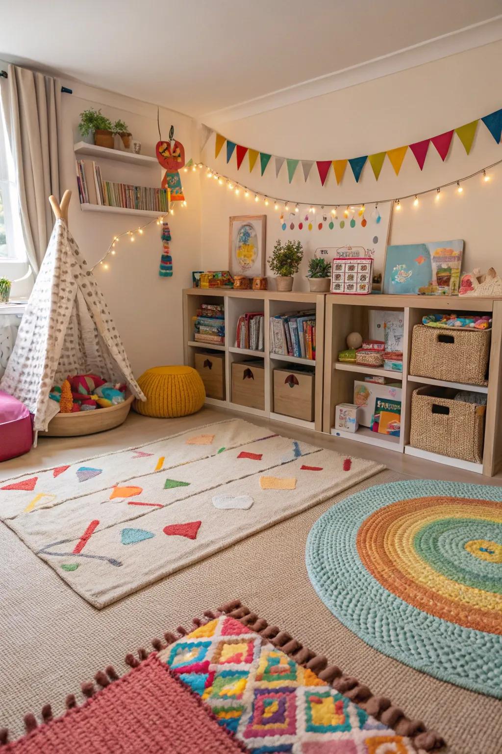 Layered floor coverings help define spaces and add warmth.