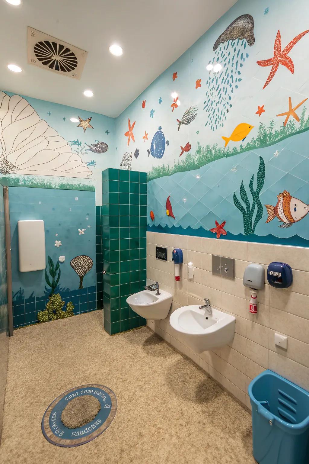 Submarine theme decor creates an adventurous atmosphere in a boys' bathroom.