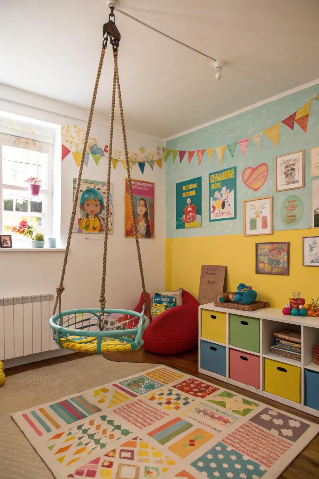 An indoor swing contributing both amusement and relaxation to the playroom.