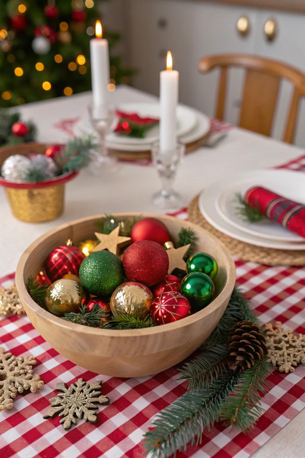 Festive holiday cheer using bright ornaments