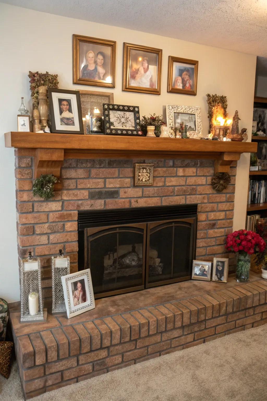 A brick hearth featuring personalized decor, showcasing family photos and meaningful items.