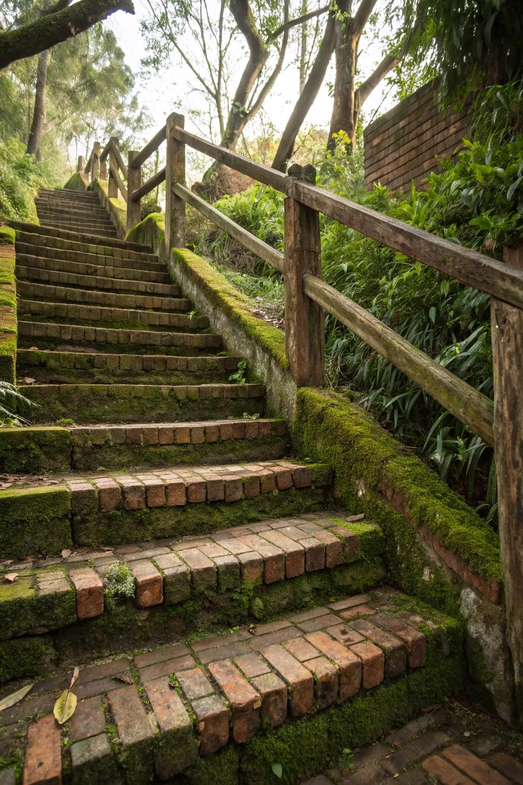 Brick and lumber steps delivering a warm, textured feel.