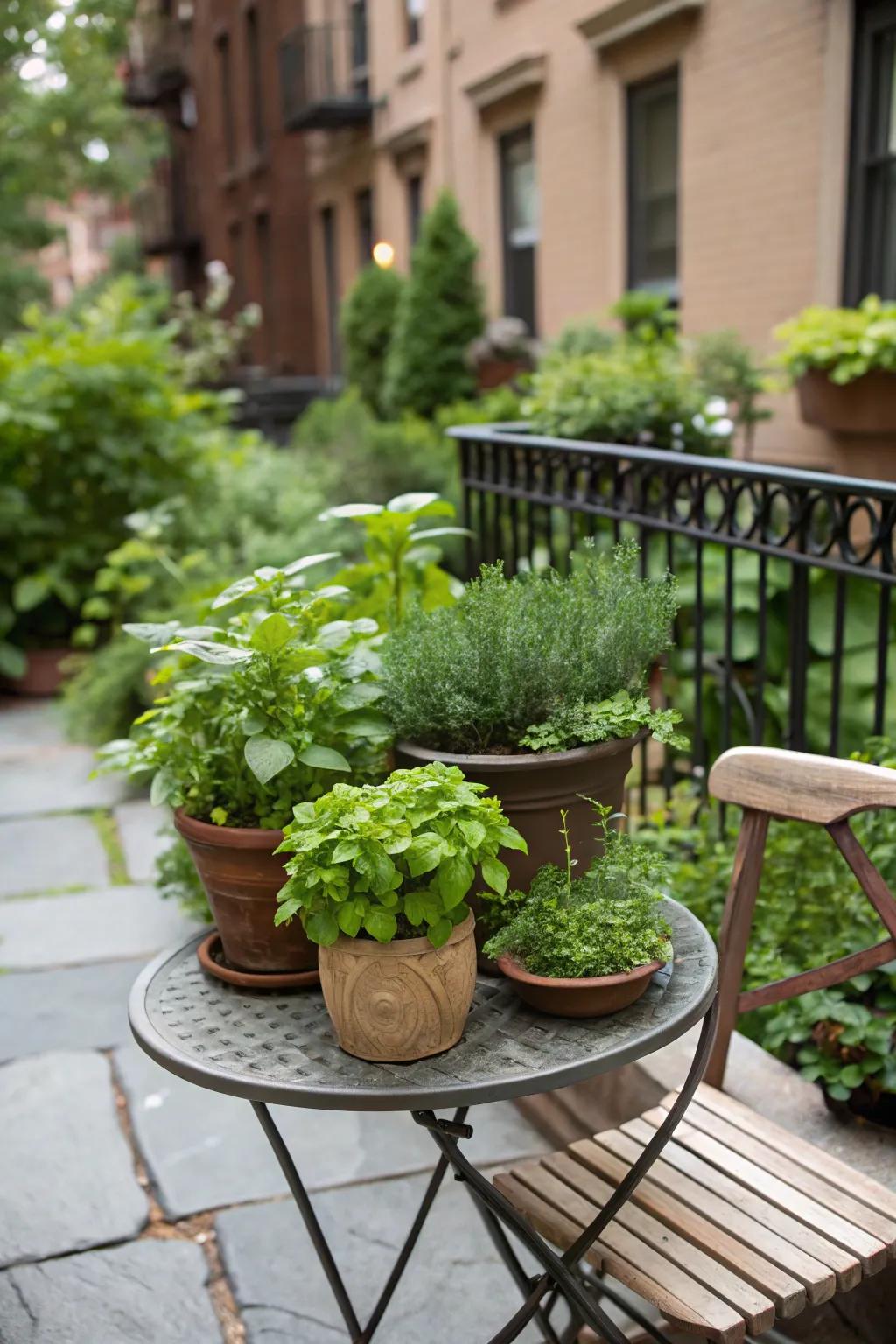 A potted herb garden offers fresh flavors and lovely decor.