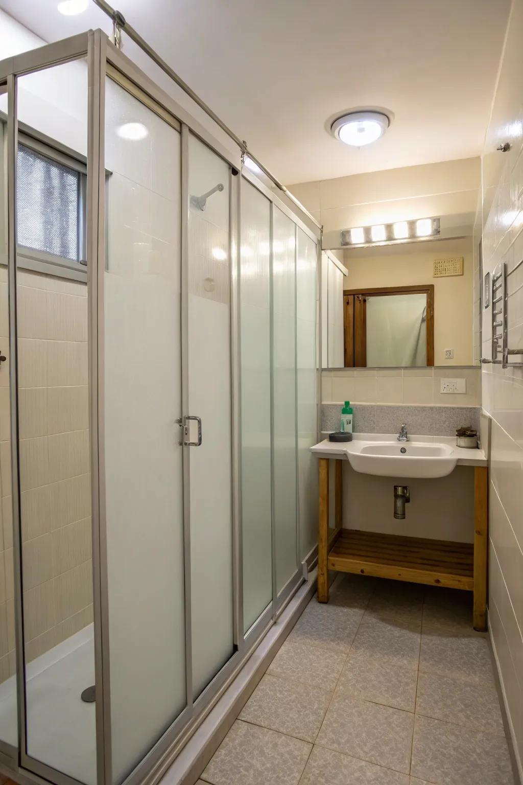 A small bathroom features transparent dividers for optimal space utilization.