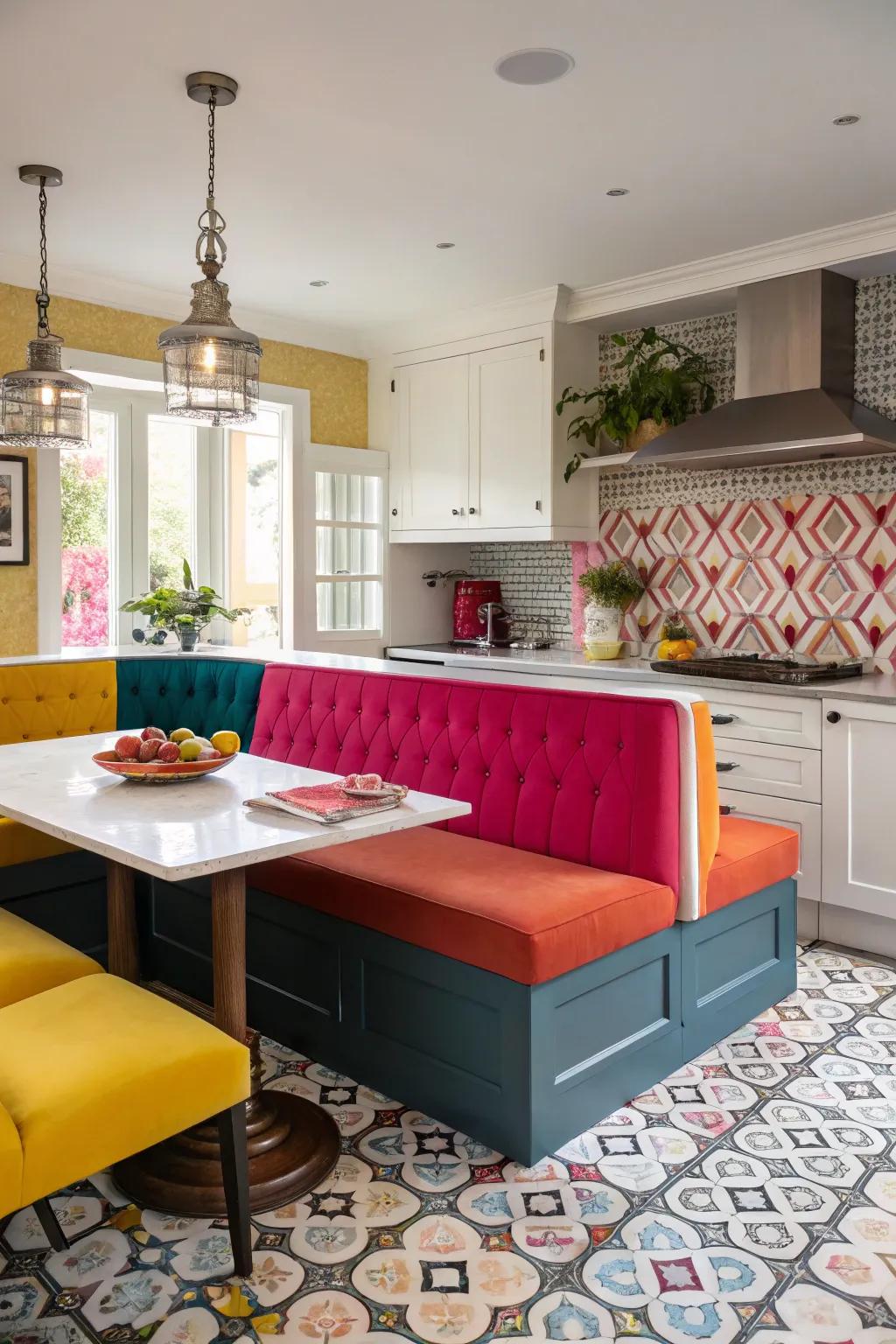 Eye-catching colors on banquette seating creating an energetic kitchen vibe.