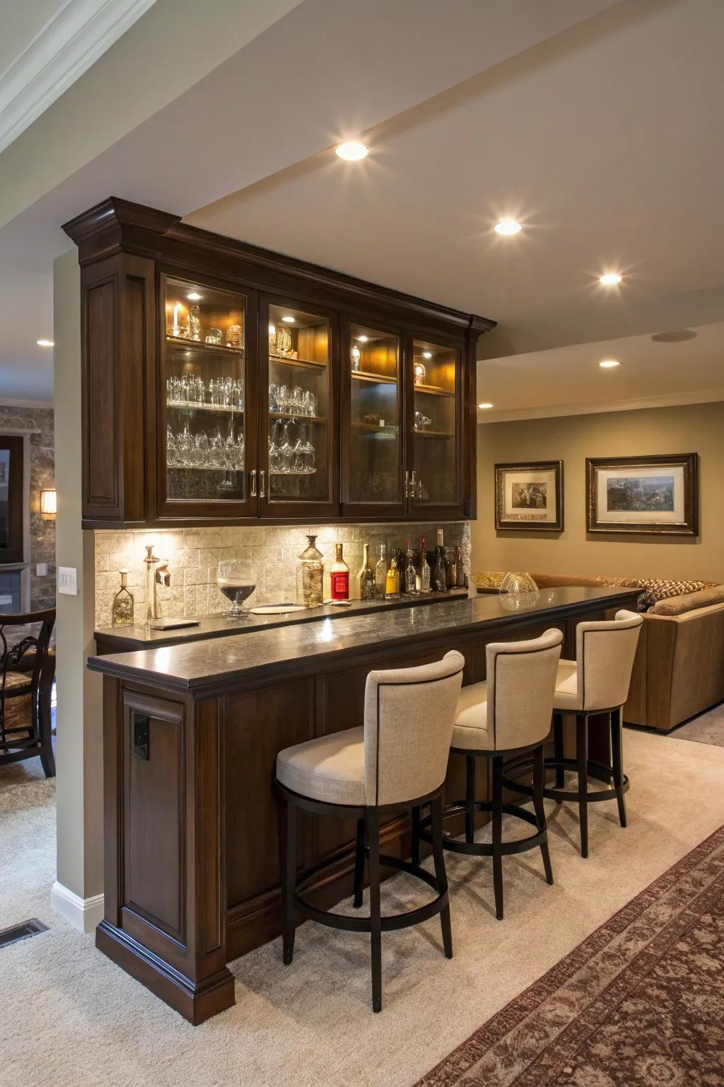 Undercounter illumination enhances the atmosphere of this built-in bar.