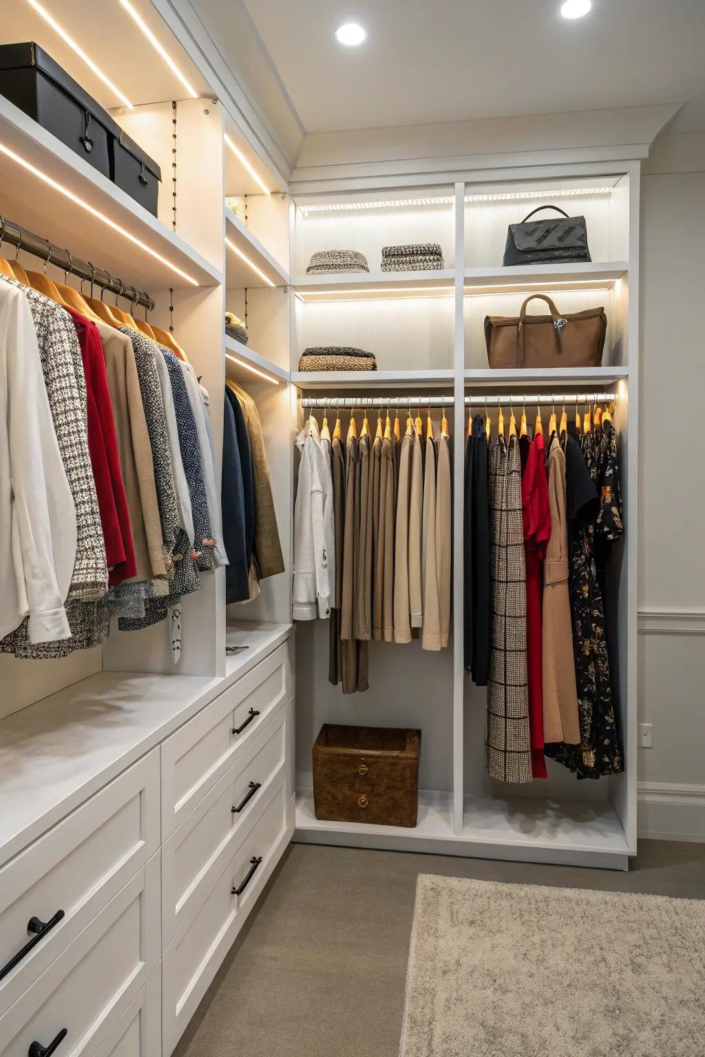 Adaptable rails offer flexibility for arranging attire.