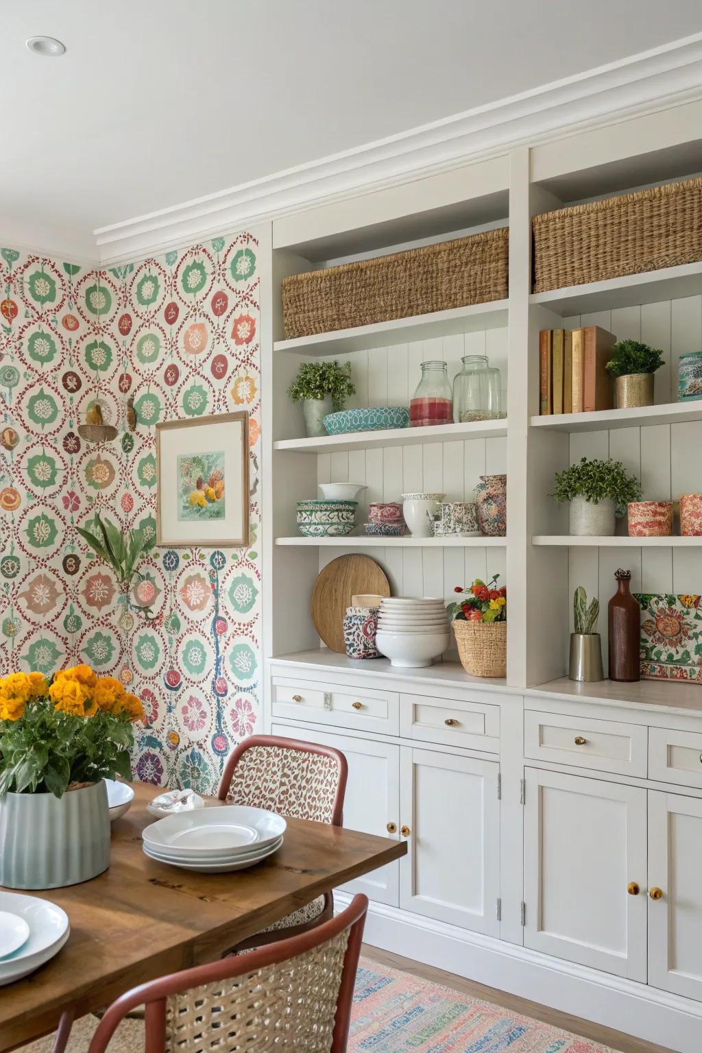 Open shelves highlighted by a decorative wallpaper backdrop, enhancing style.