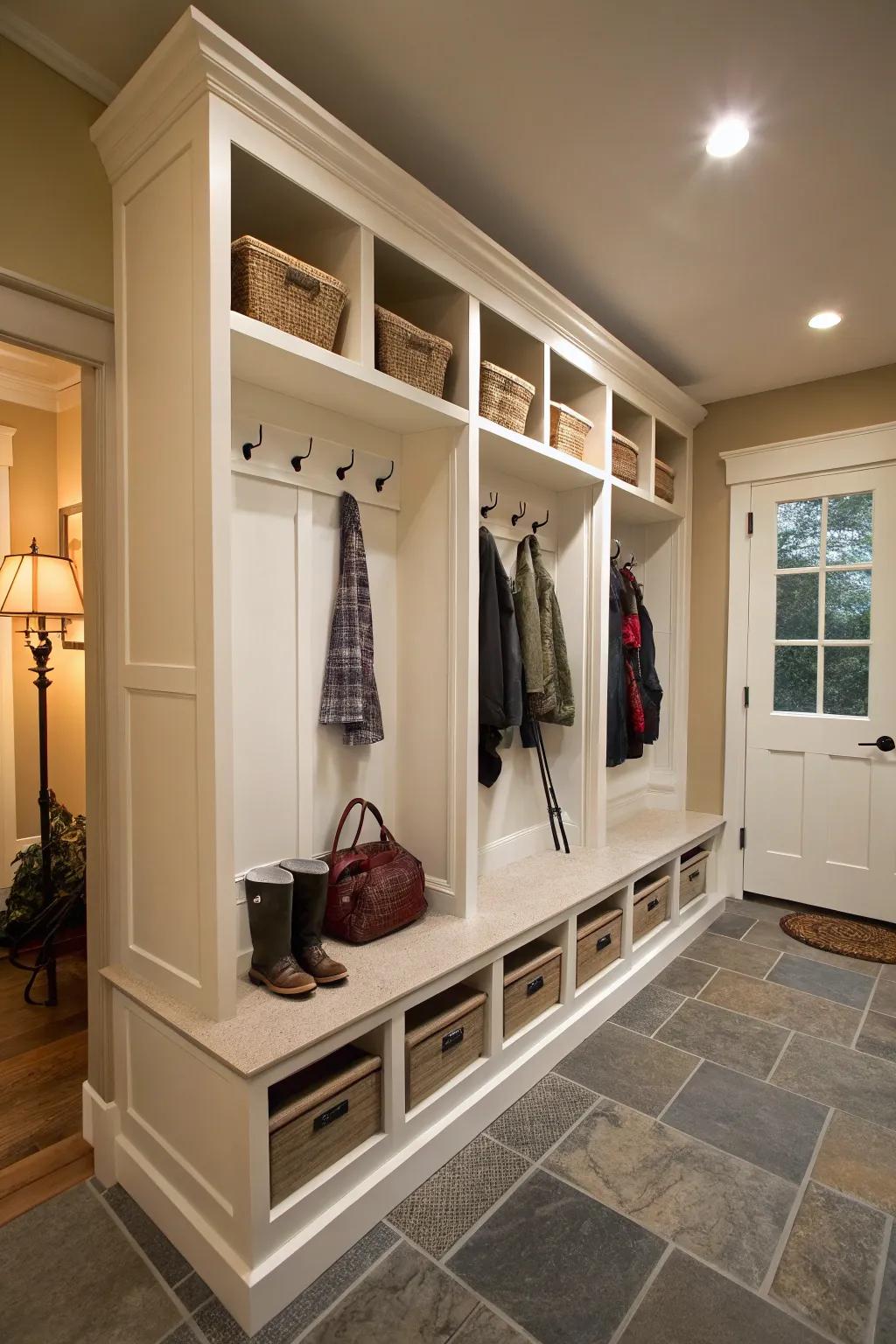 A mudroom altered using integrated lockers.