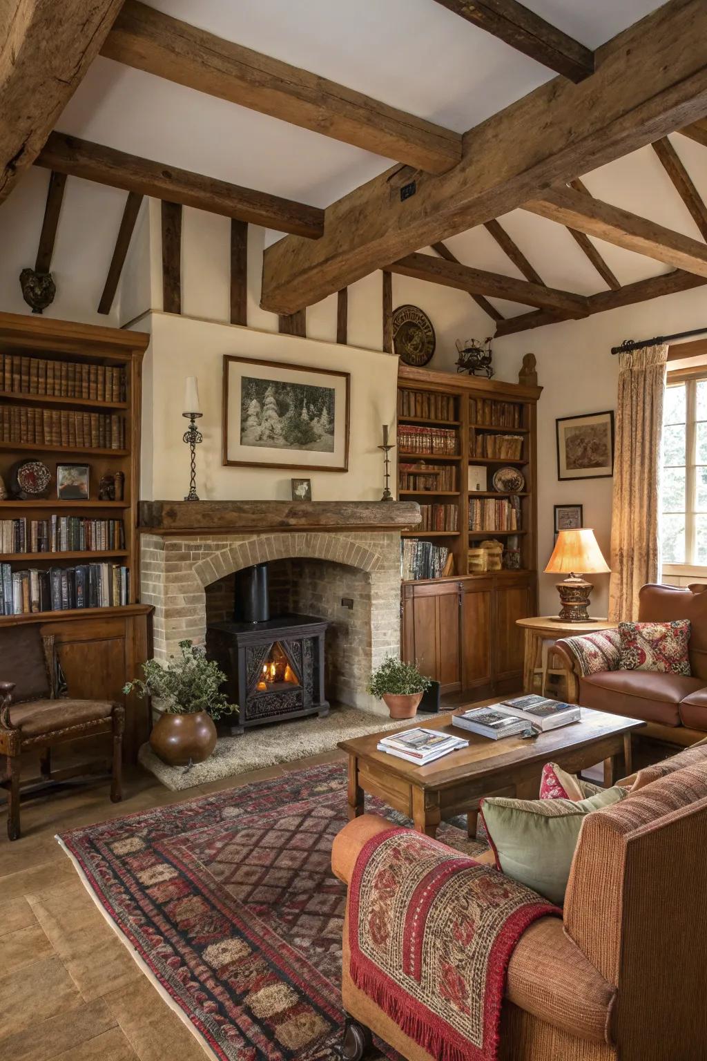 Rustic details add warmth and character to fireplace built-ins.