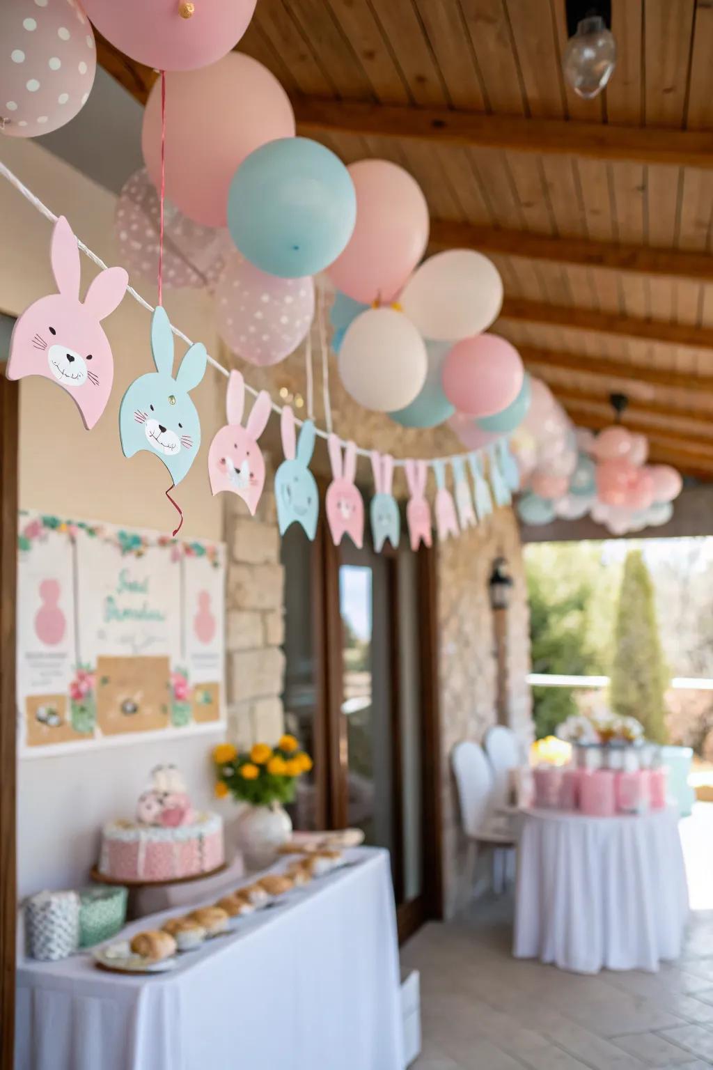 Playful rabbit swags add a whimsical touch to the decor.