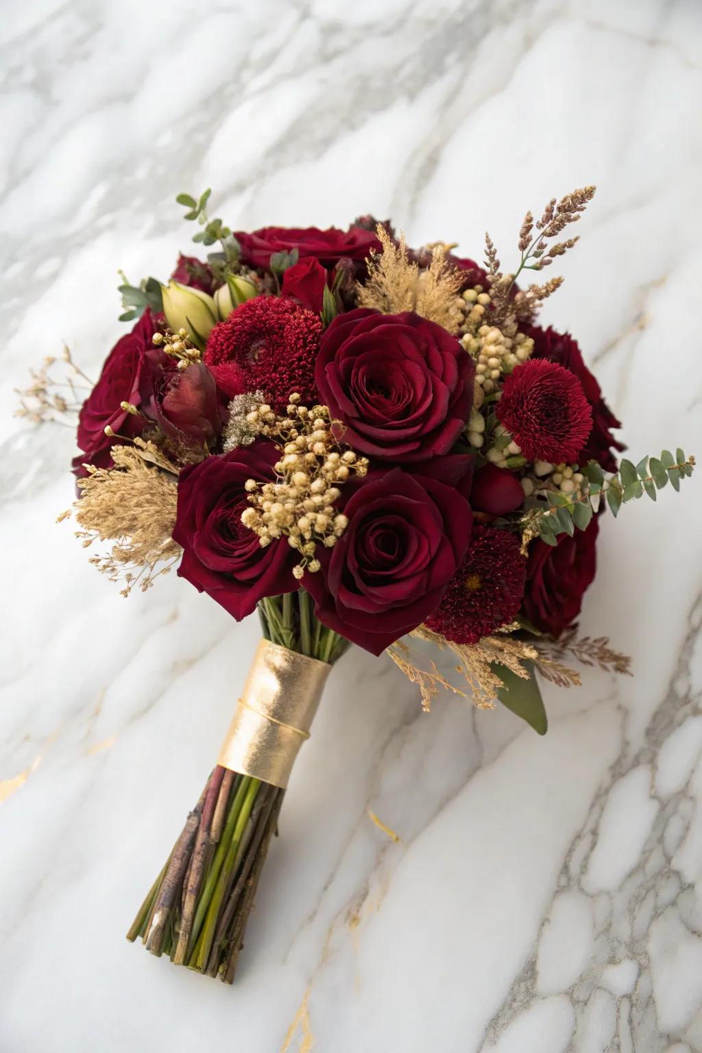 Deep red bouquet featuring understated gilded highlights.