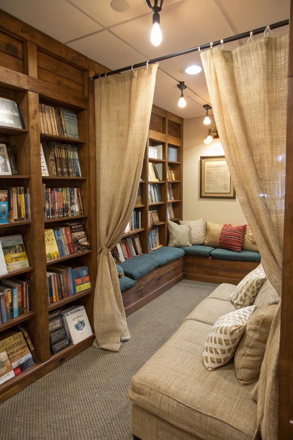 Appealing coziness featuring hessian drapes in a reading space.