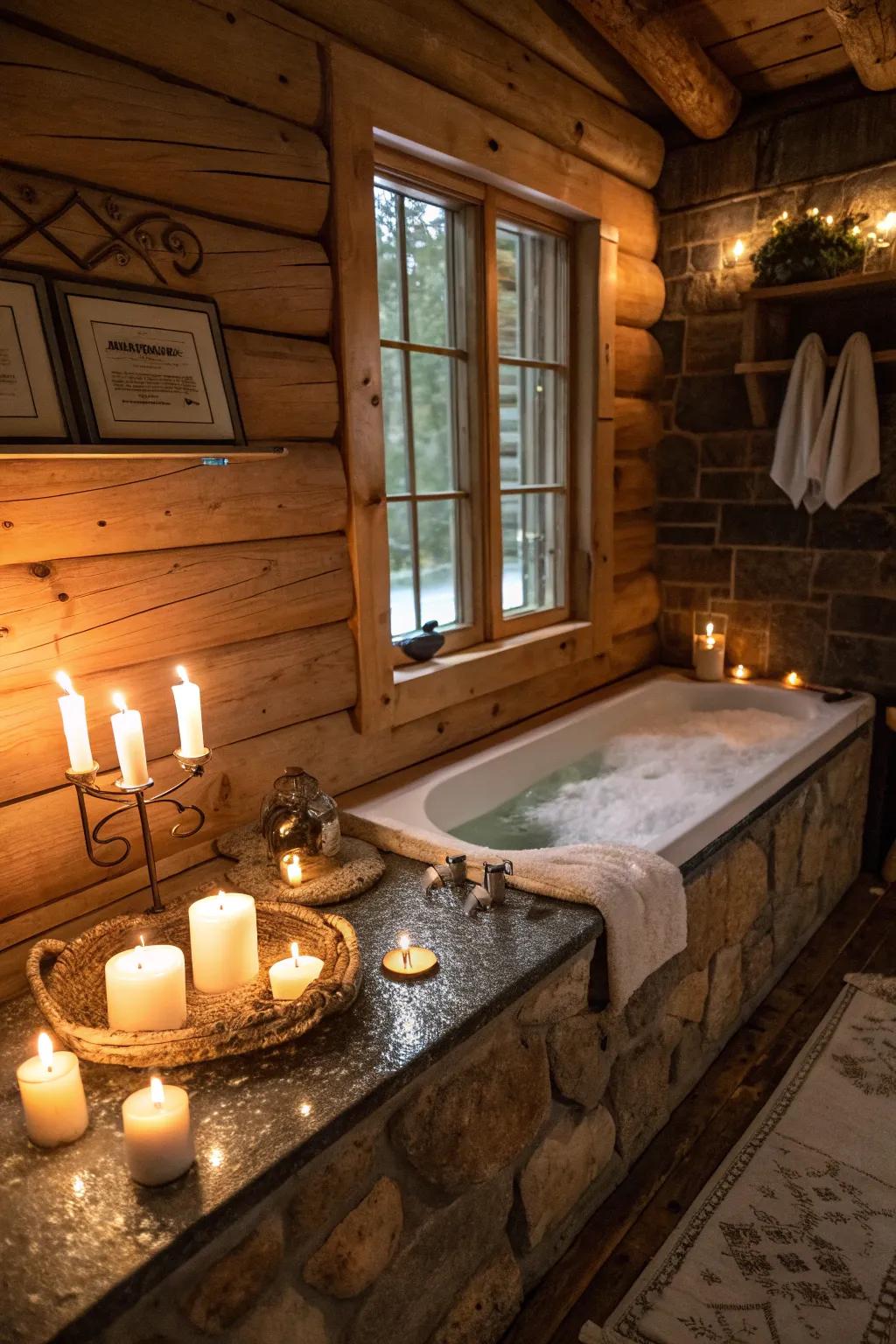 A cabin bathroom with lighting for a restful, spa-like ambiance.