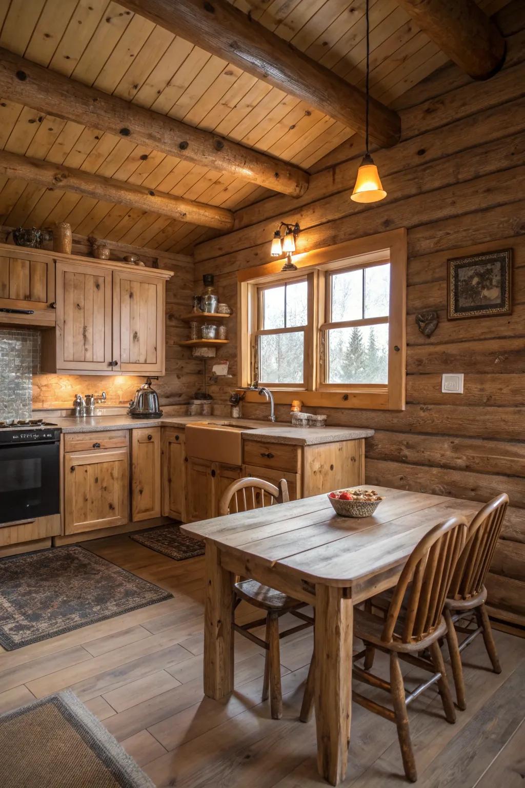 Nature-inspired hues complement the organic elements in a cabin kitchen.