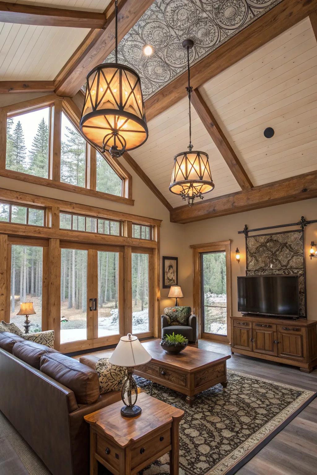 Ornamental ceiling components adding design to a cabin living area.