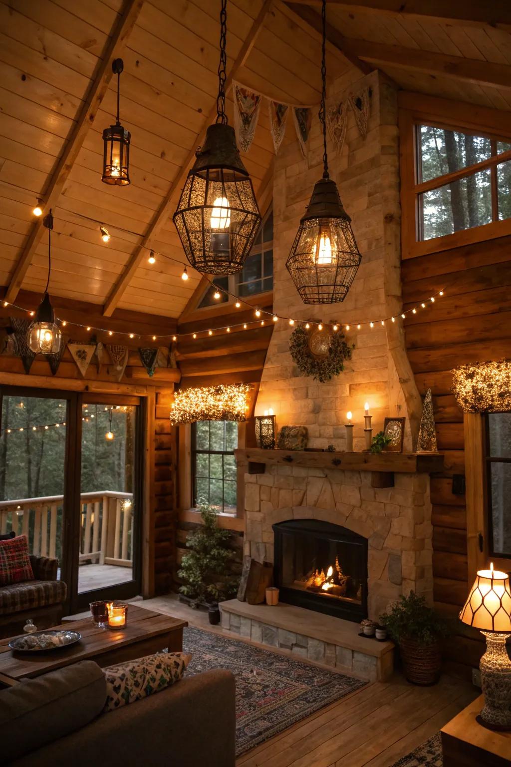 Varied lighting solutions light up this cabin with style.
