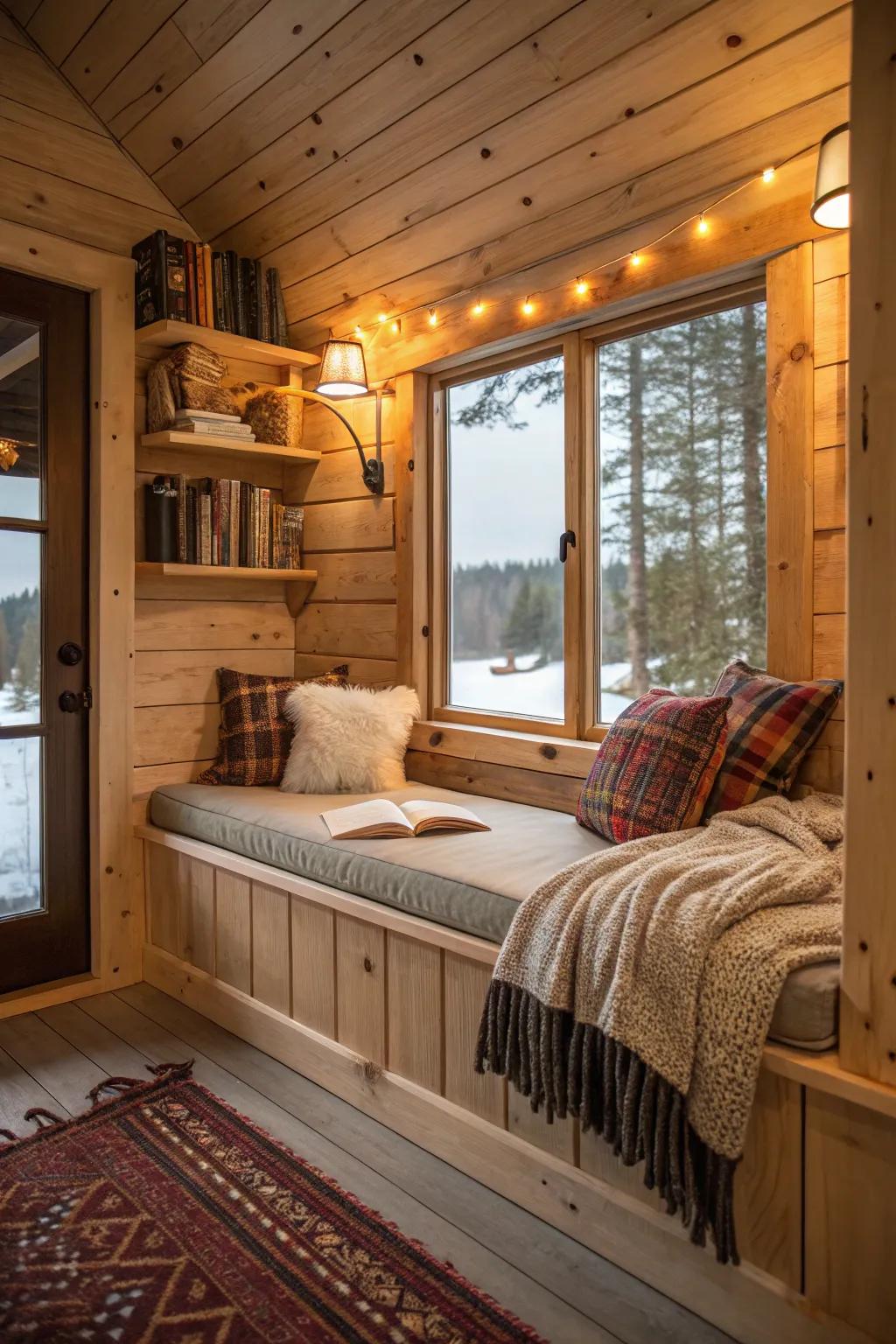 A comforting reading recess constructed into the cabin wall.