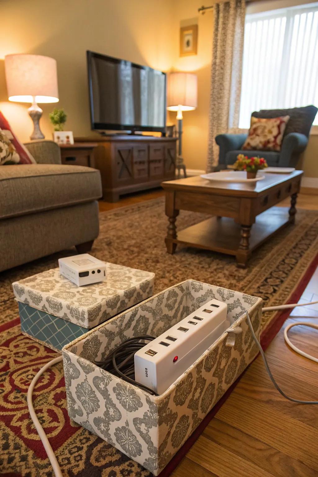 Stylish boxes concealing power strips elegantly.