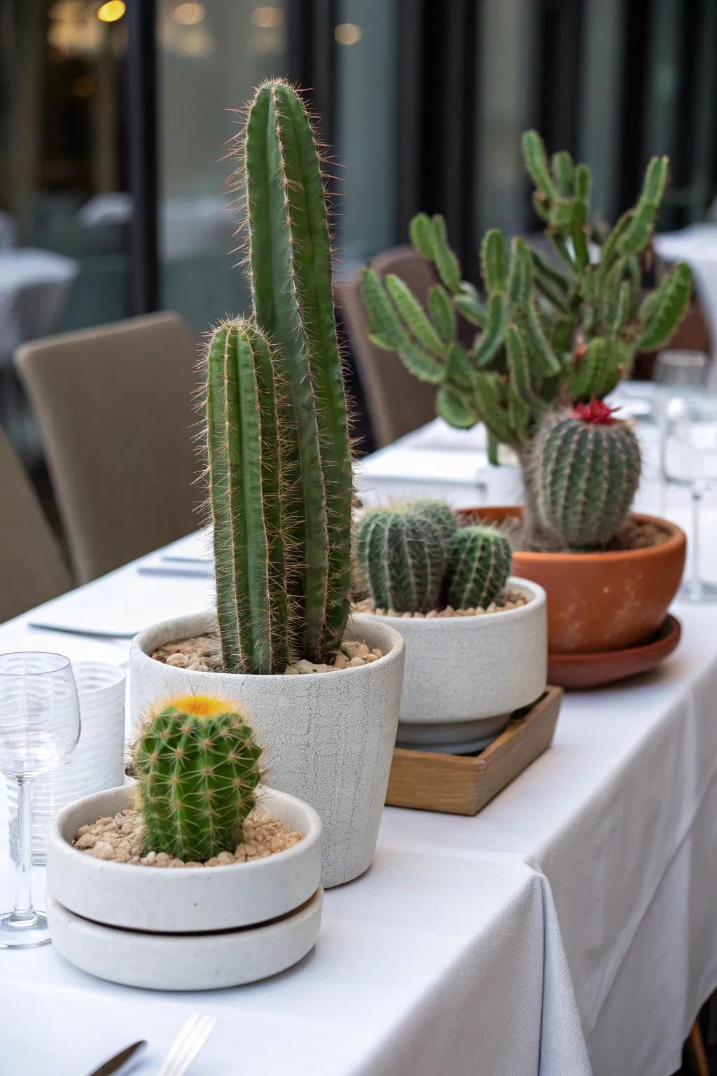 Tiering cacti at varying elevations contributes depth to the display.