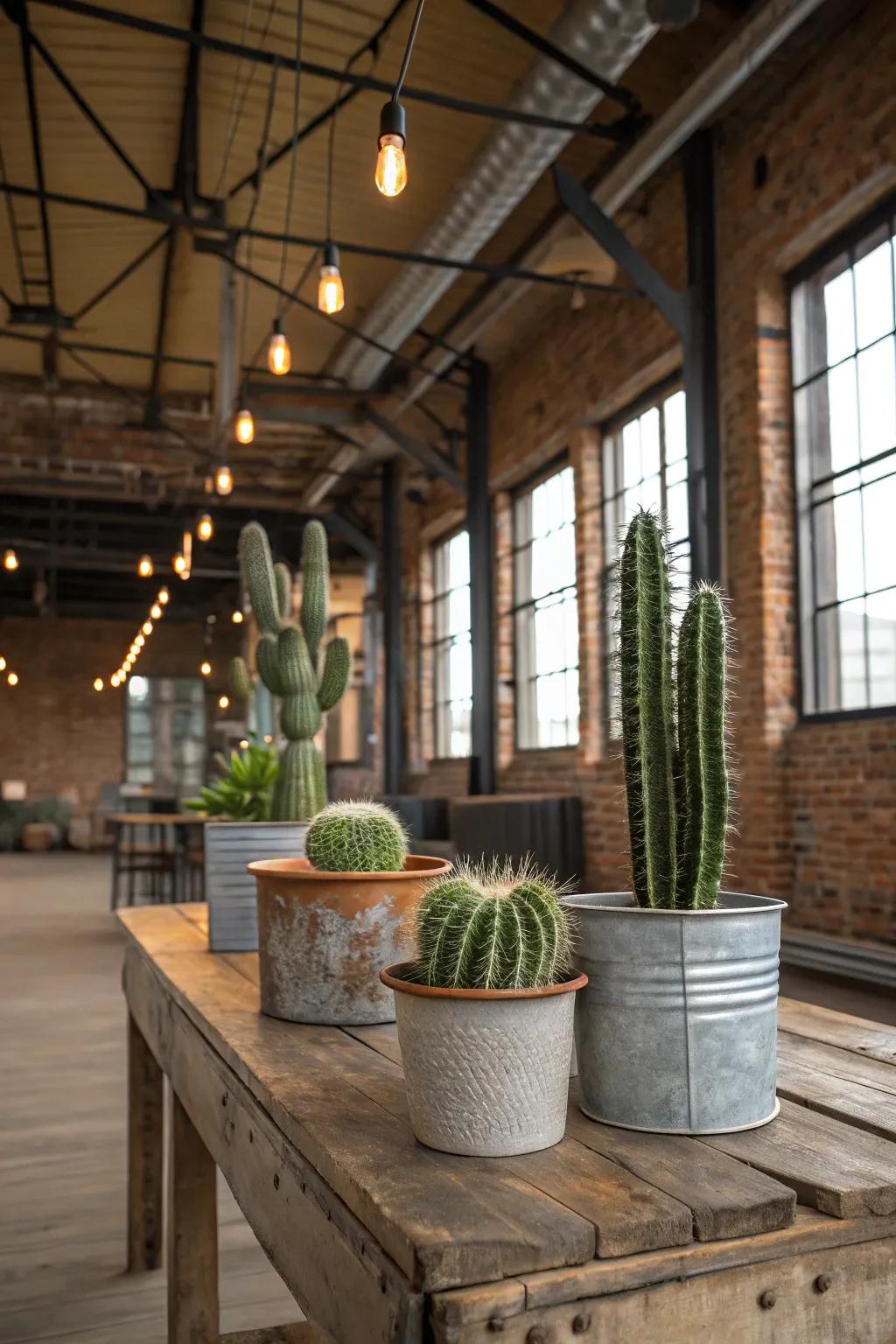Reused metal containers contribute an industrial aspect when displaying cacti.