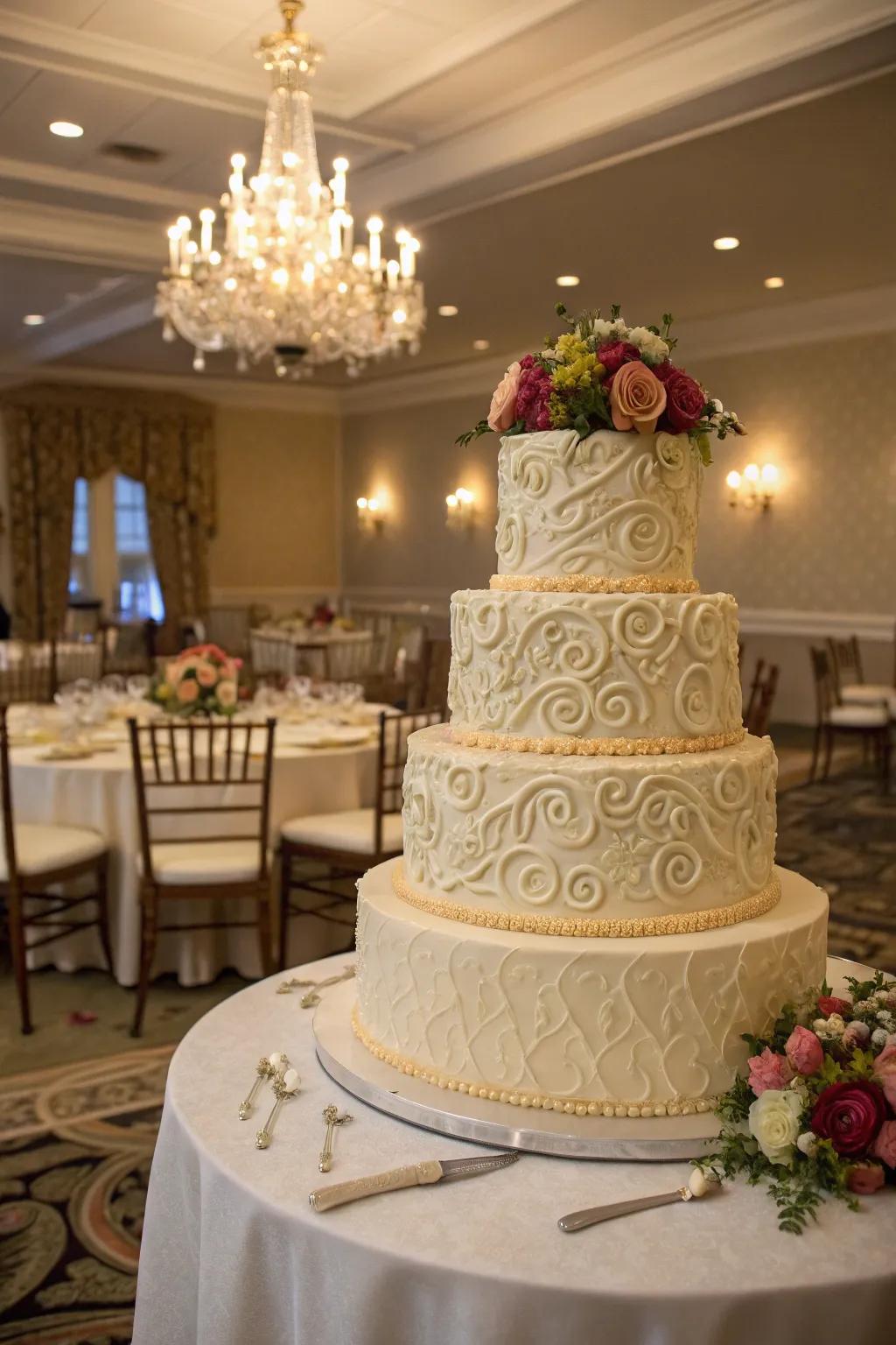 Tiered artistry with elaborate buttercream patterns