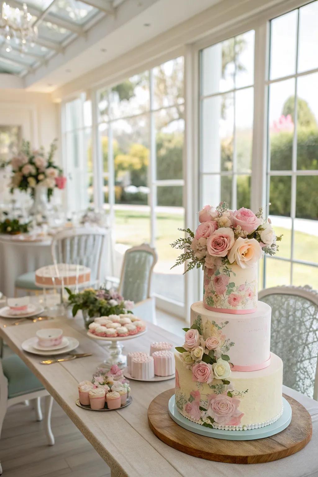 A cake table featuring a pastel color palette, producing a soft and inviting atmosphere.
