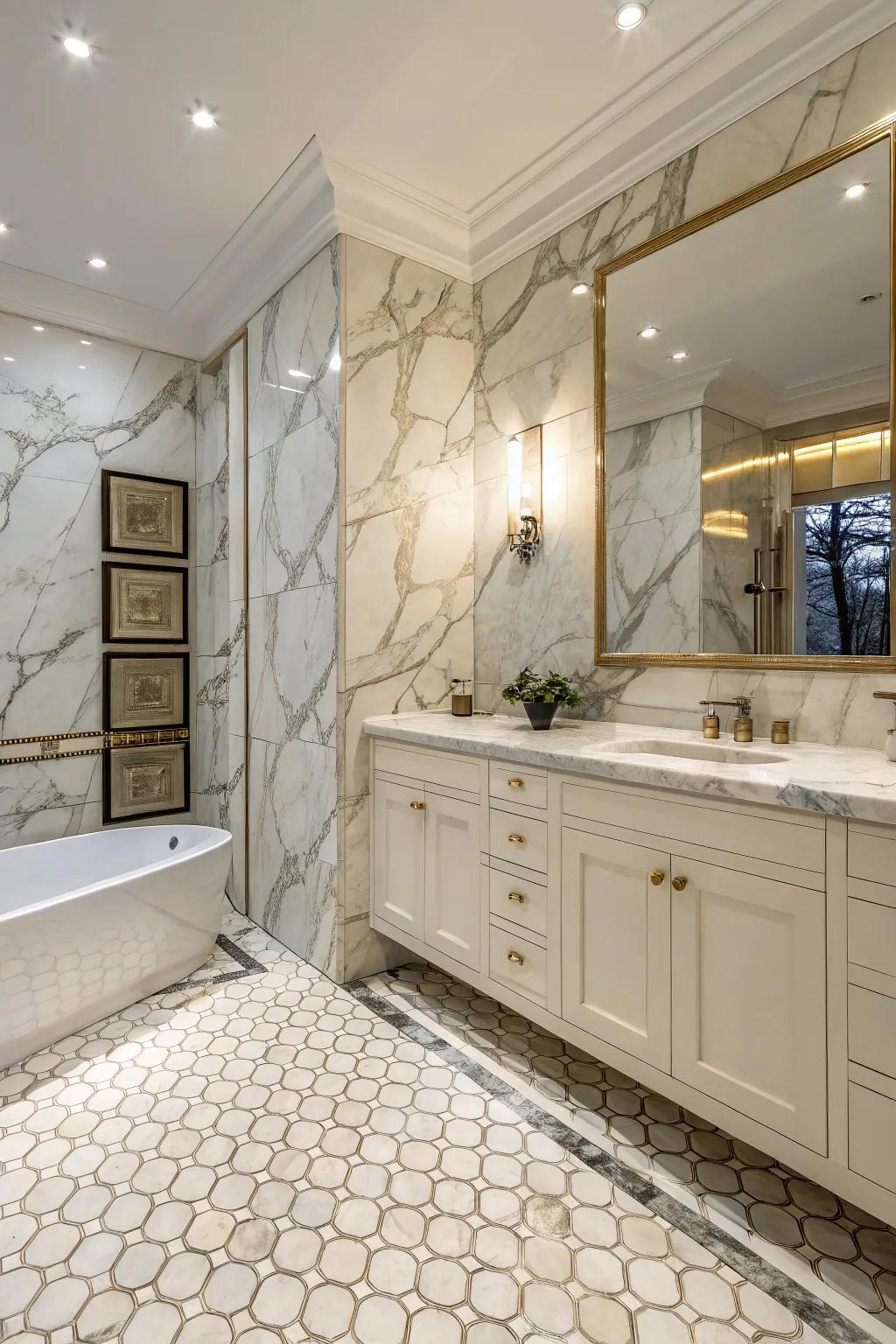 A bathroom exhibiting the textured refinement of Luminous Stone slabs.