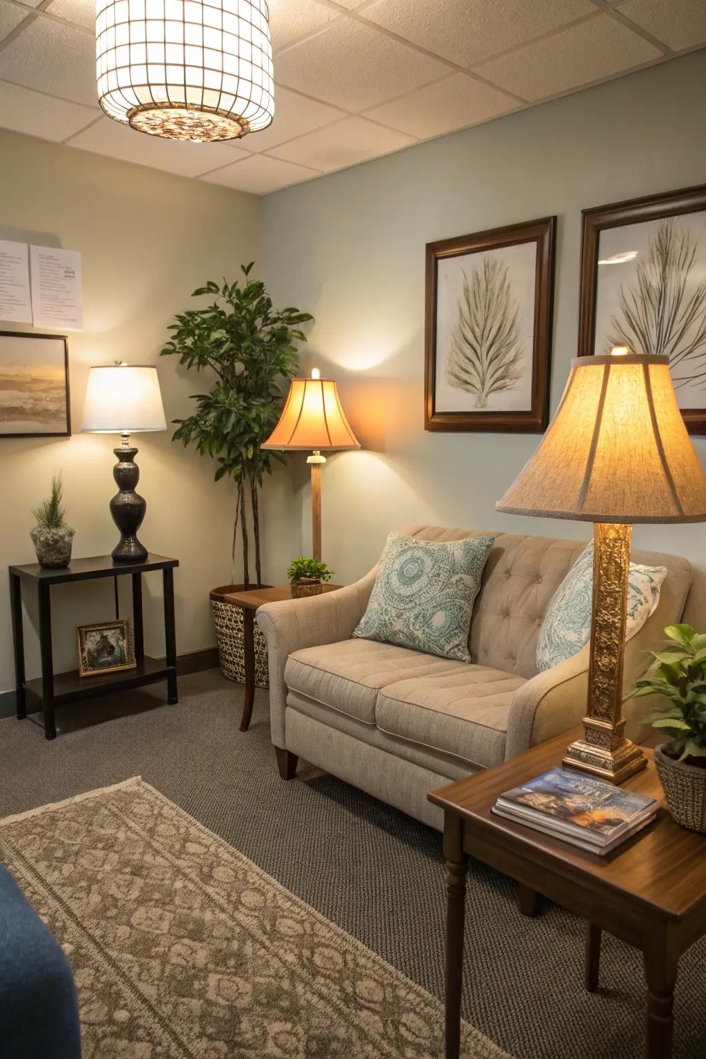 Warm lighting heightens the cozy ambiance.
