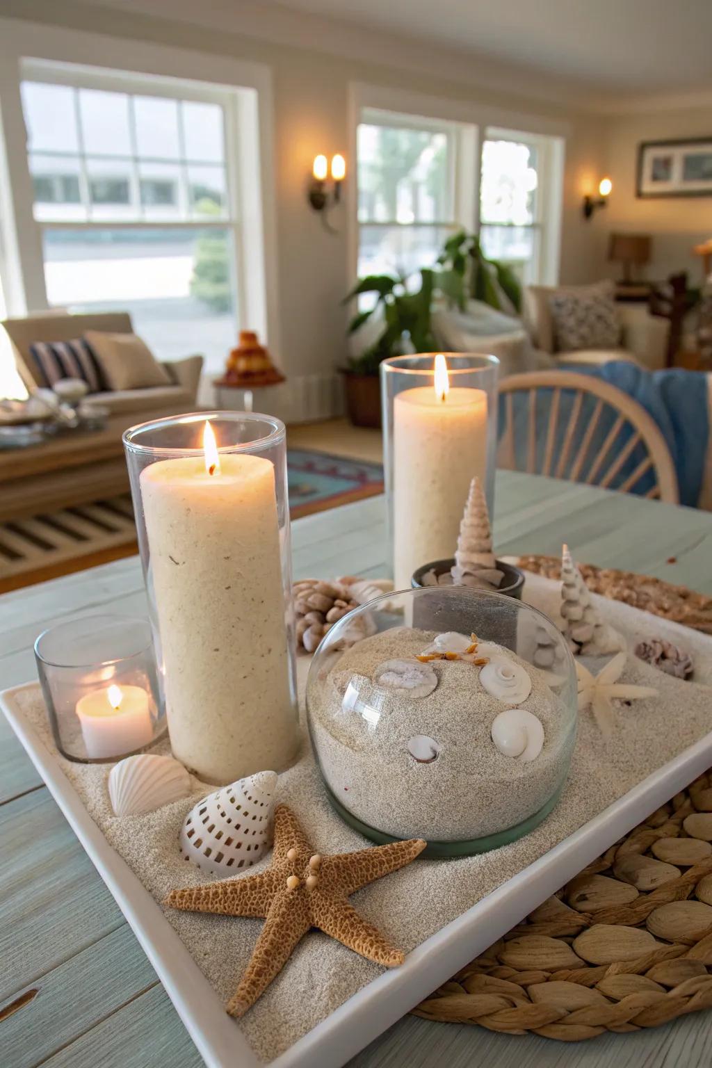 A coastal-inspired light setting introduces an oceanic vibe indoors.