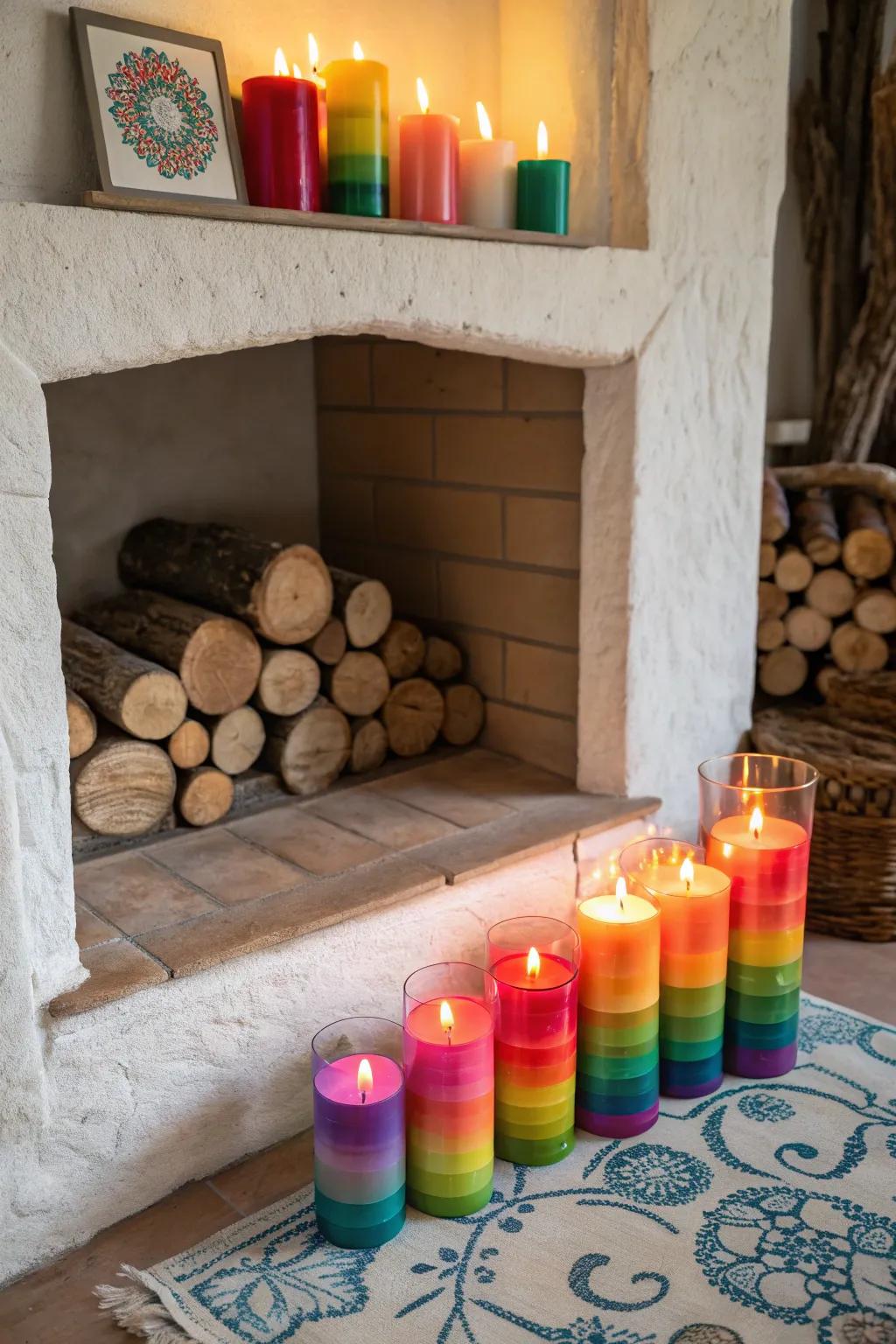 Vivid candles enliven the hearth through a spirited vibrancy.