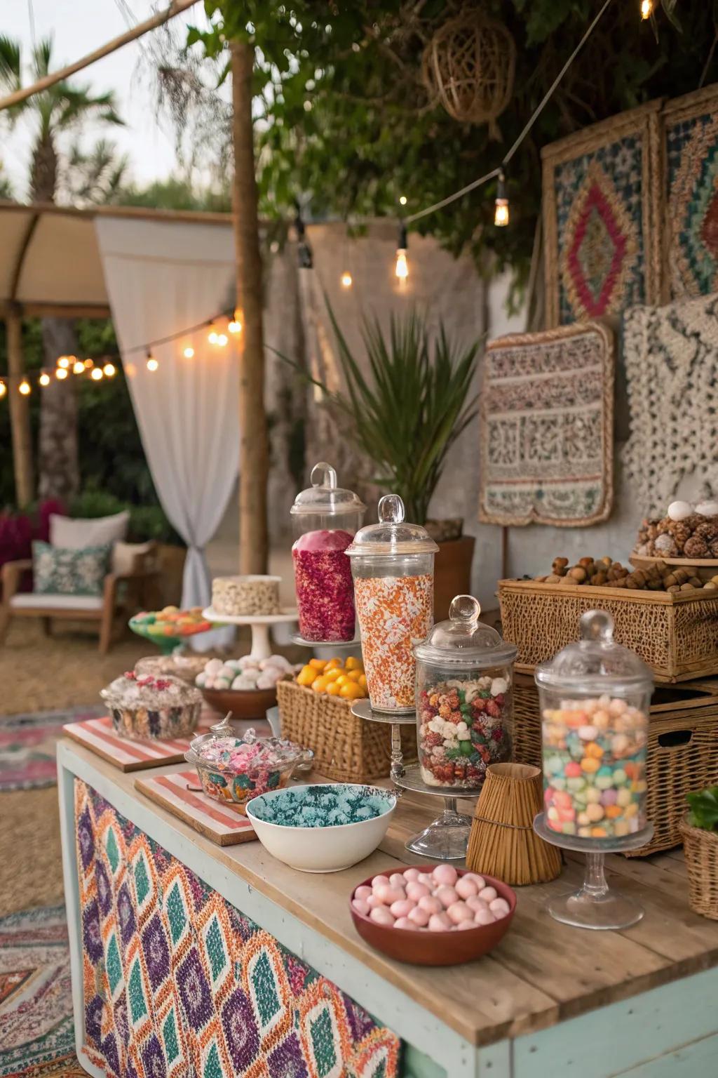A bohemian sweets display that exudes carefree charm and creativity.