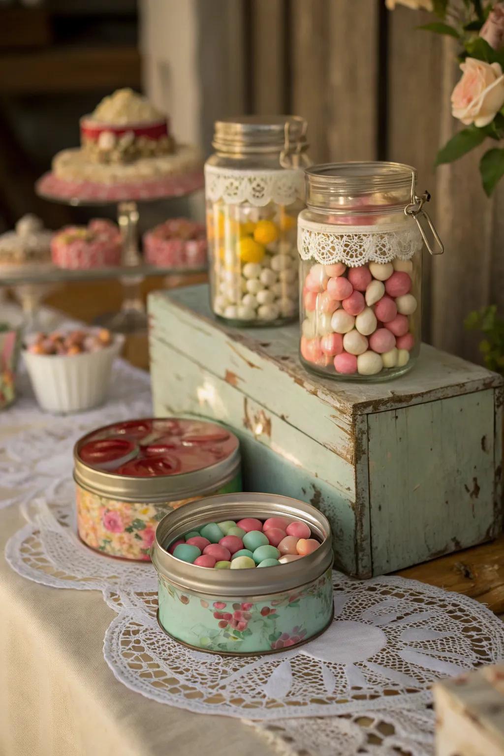 Upcycled containers adding charm to a candy display.