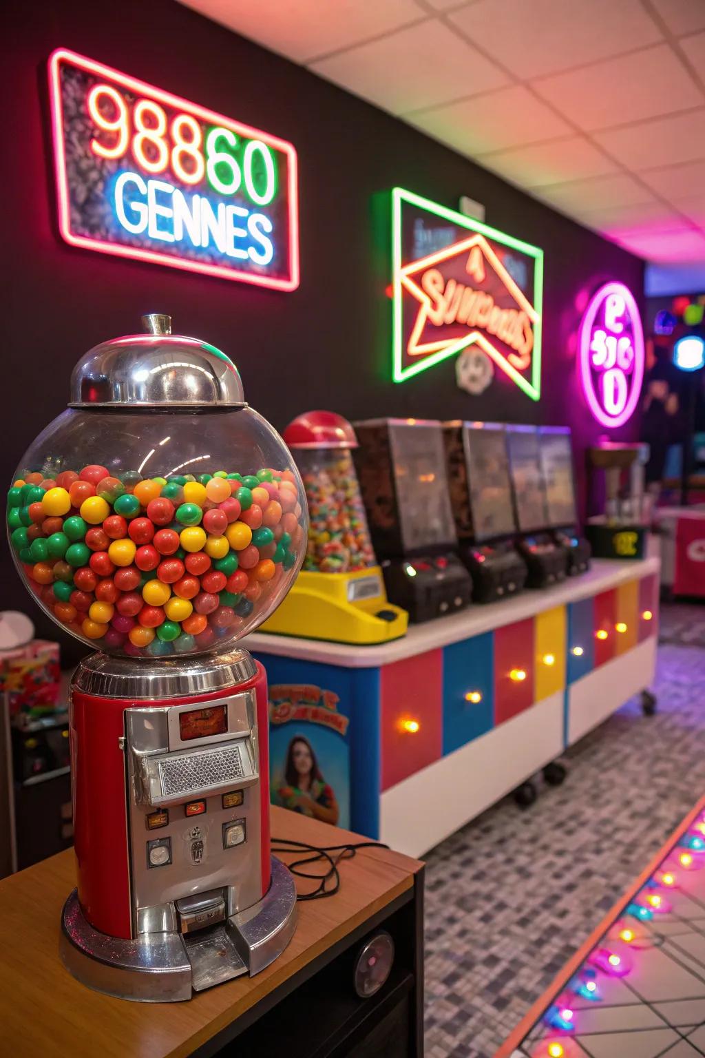 Vibrant retro candy station featuring bold 1980s colors and nostalgic treats.