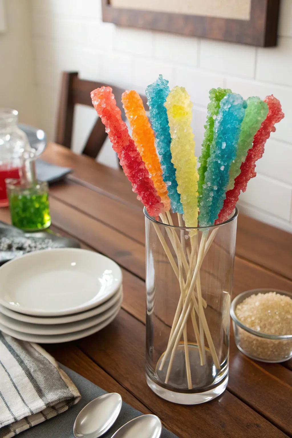 Crystal sweets in a container offer a simple yet striking effect.