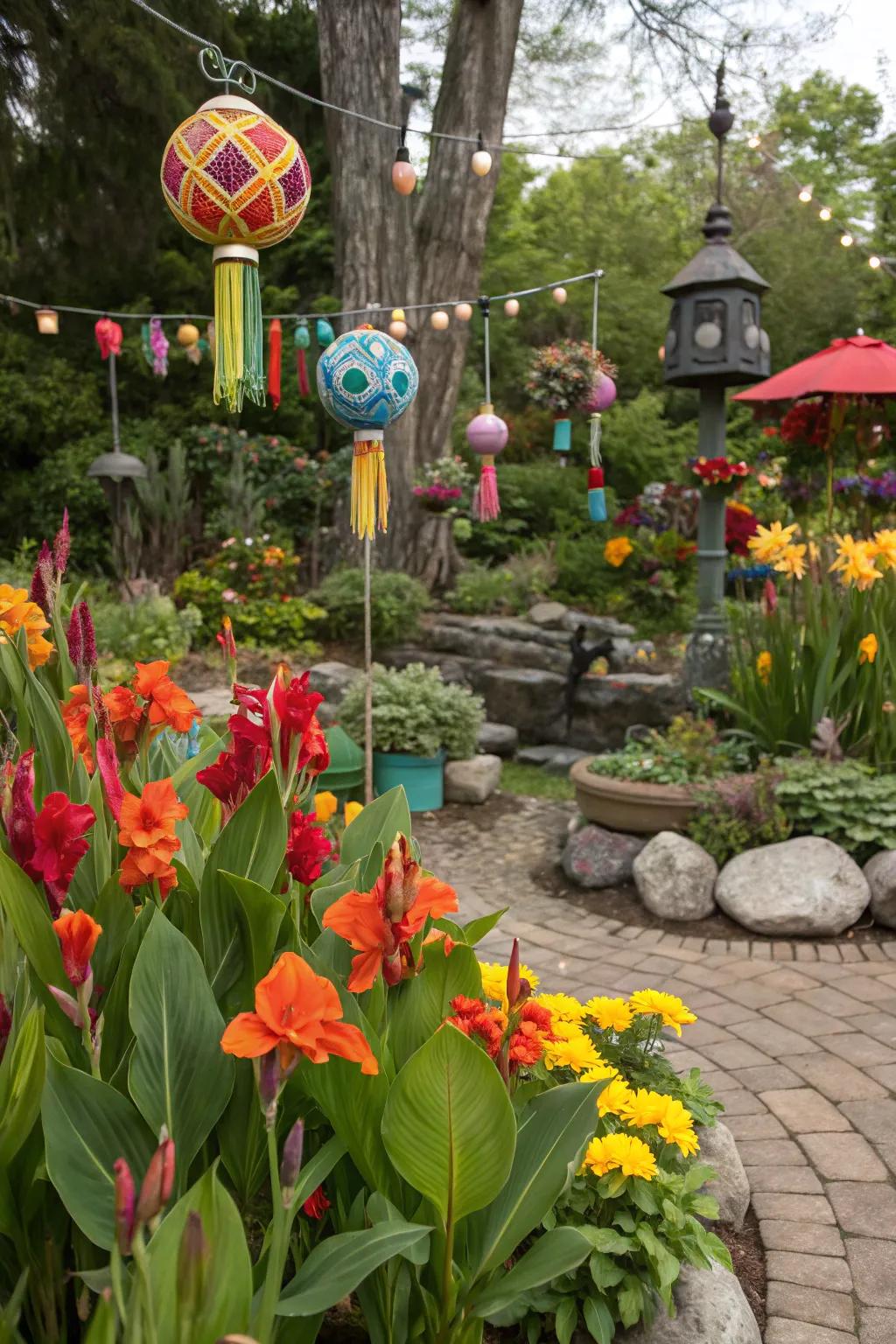 A whimsical wonderland showcasing pinta lilies and garden ornaments.