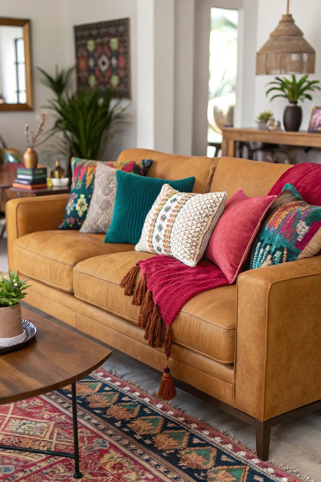 Gemstone tones impart striking contrast to a tawny sofa.