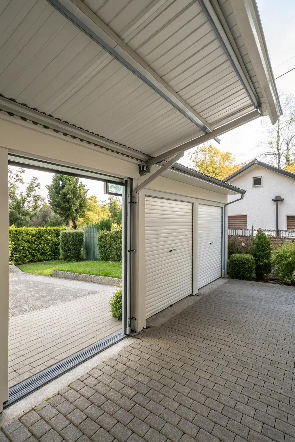 An enclosed carport featuring roller doors for weather protection and security.