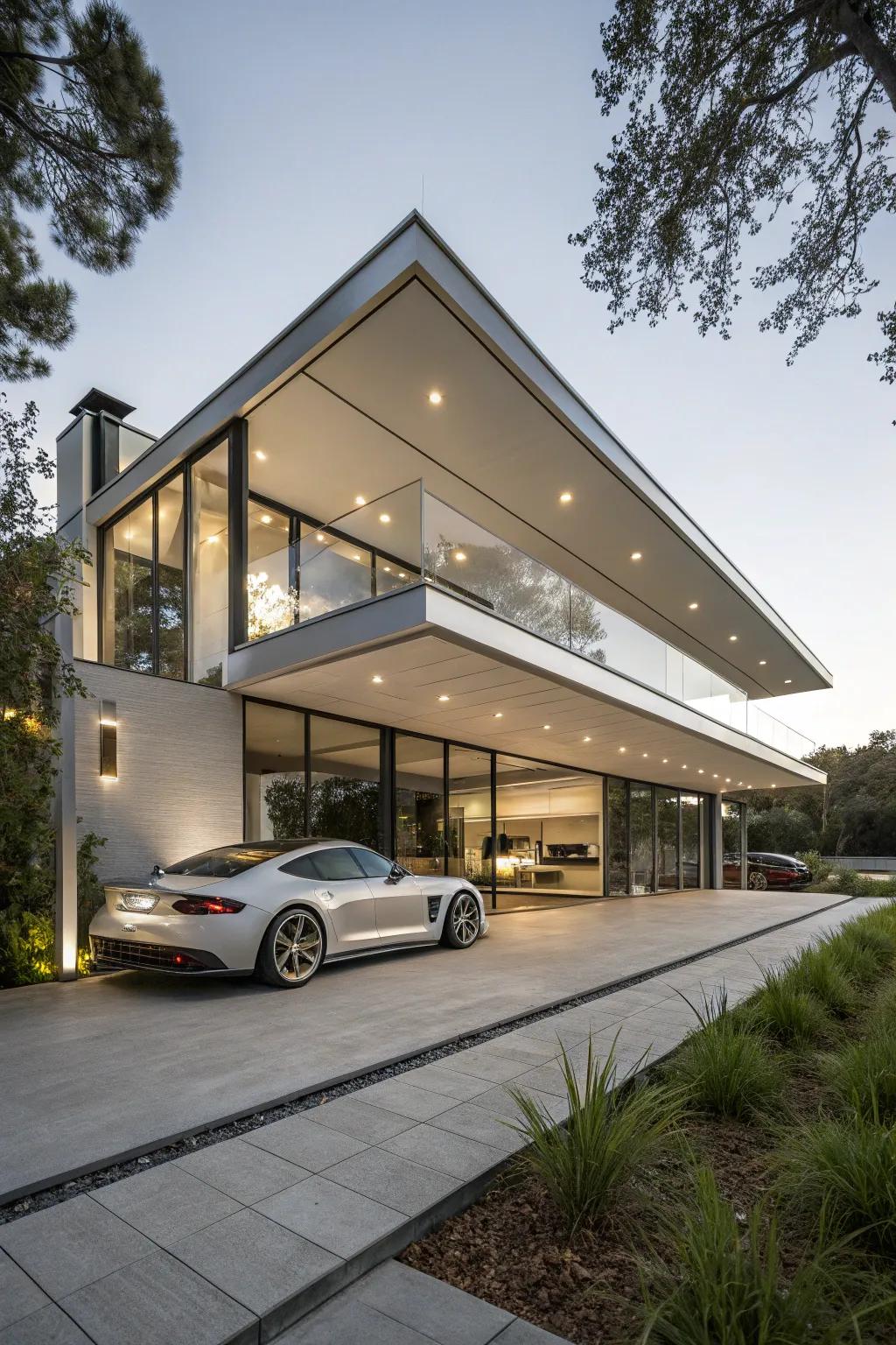 A cantilevered carport with a futuristic design.
