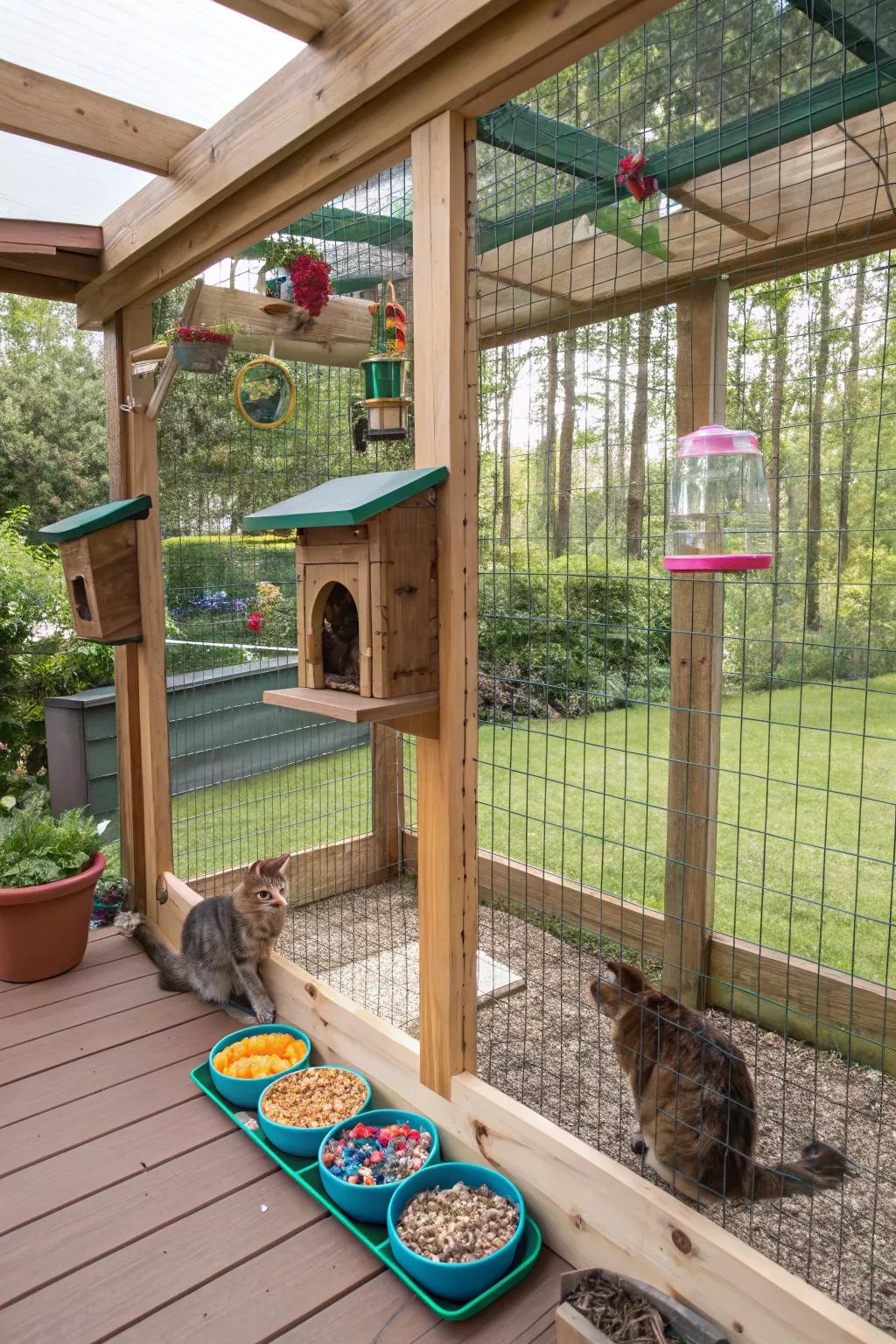 Hands-on feeding hubs in a catio, combining fun and nutrition for cats.