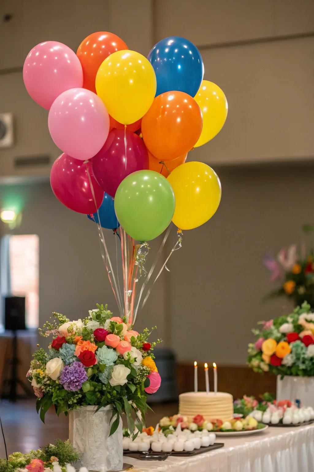 Balloon groupings add height and color to the celebration.