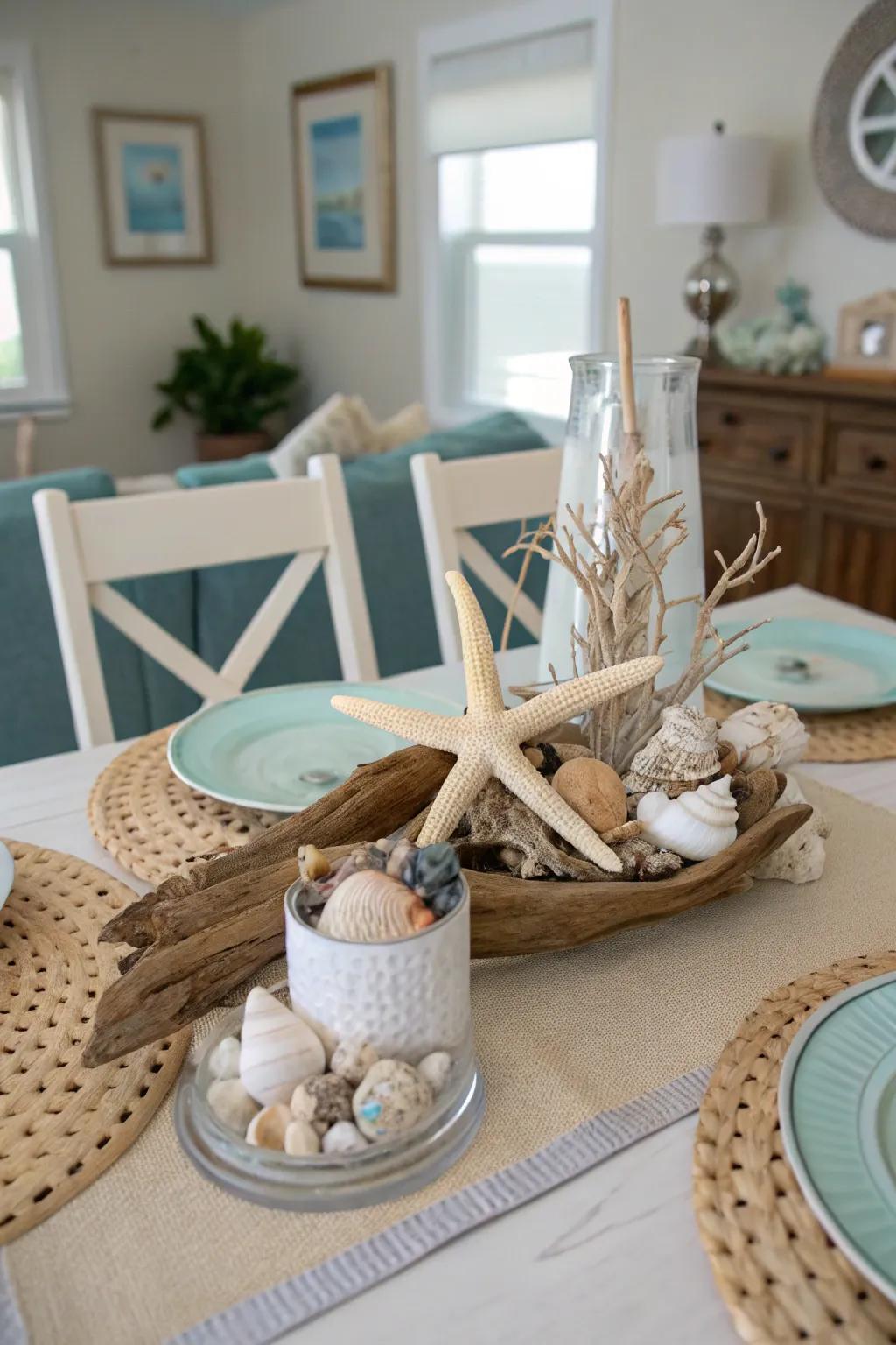 Seaside components fashion a relaxed, summery centerpiece.