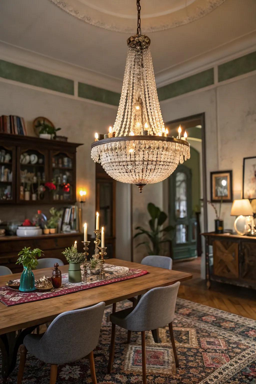 A vintage-modern chandelier adds a unique charm to the dining area.