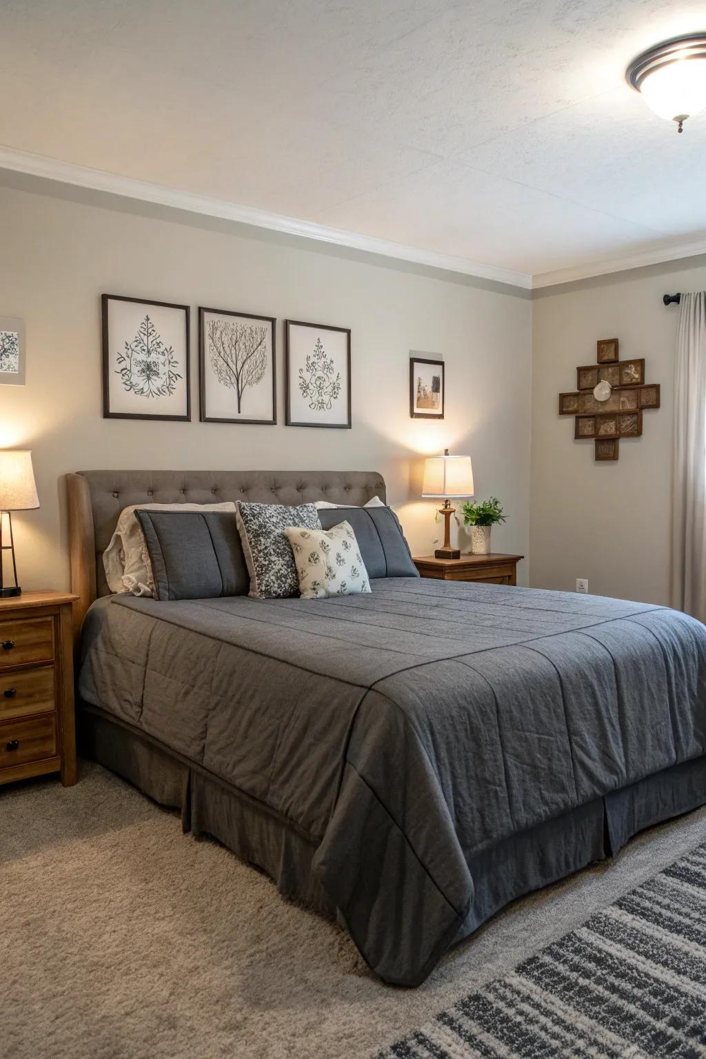 Deep gray bedding provides a subtle yet elegant twist.