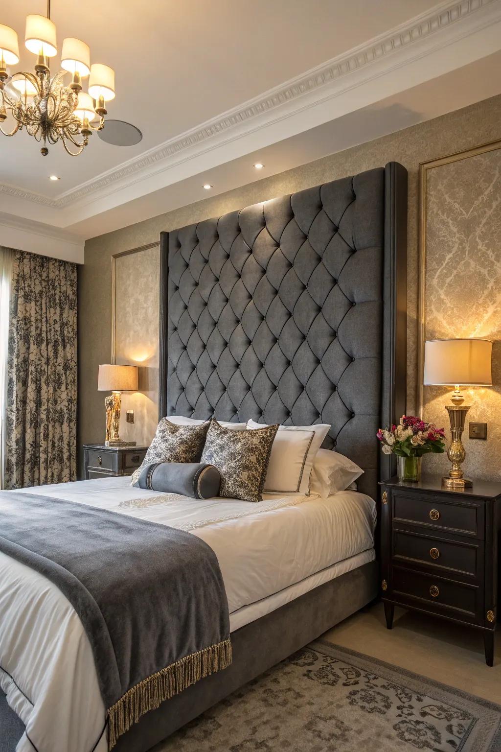 A floor-to-ceiling headboard injects drama and sophistication into the boudoir.
