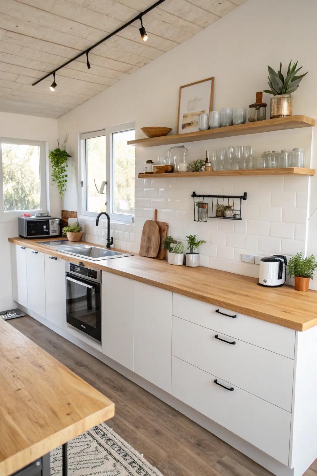 A stylish kitchen with stained layered wood surfaces.