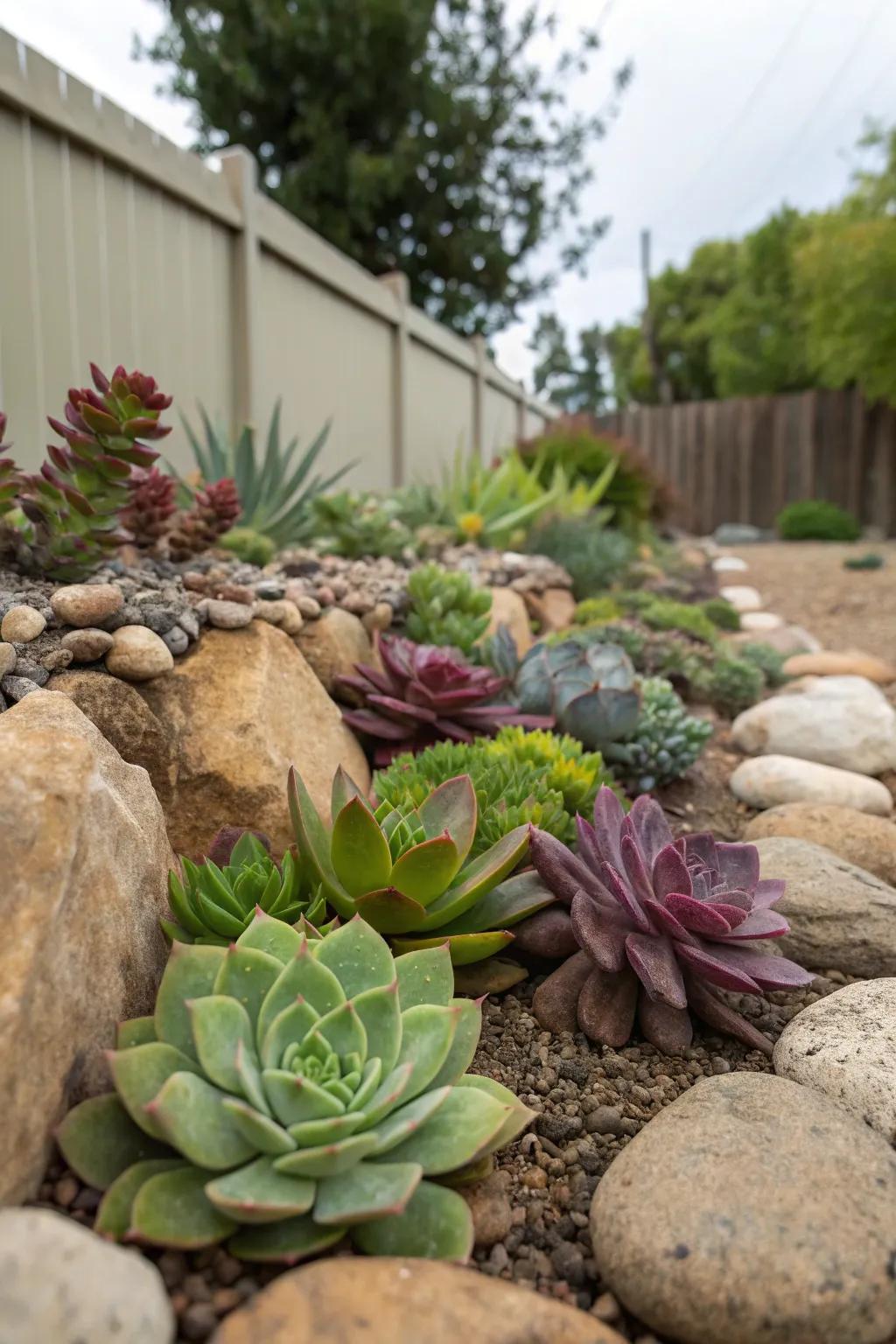 Fleshy plants and rocks deliver a minimal maintenance, artistic landscape answer.